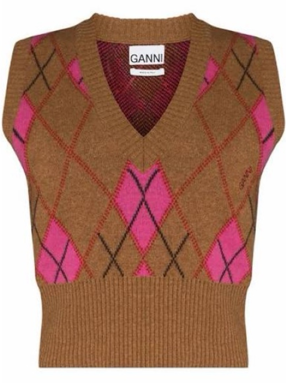 Ganni Wool Brown & Pink Argyle V-Neck Sweater Vest